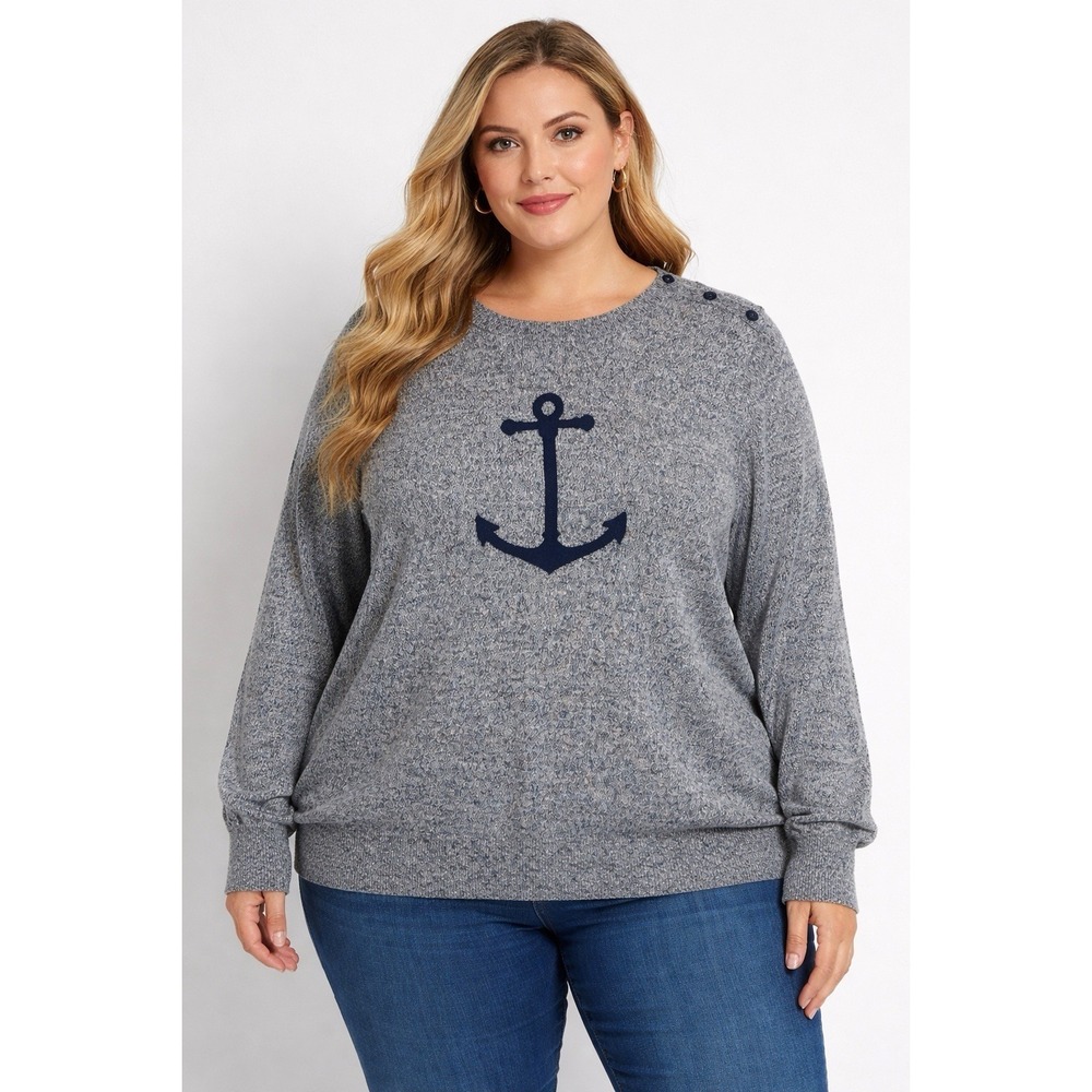 Nautica Gray Anchor Logo Sweater Women's Size 2XL‎ Button Shoulder Knit Top